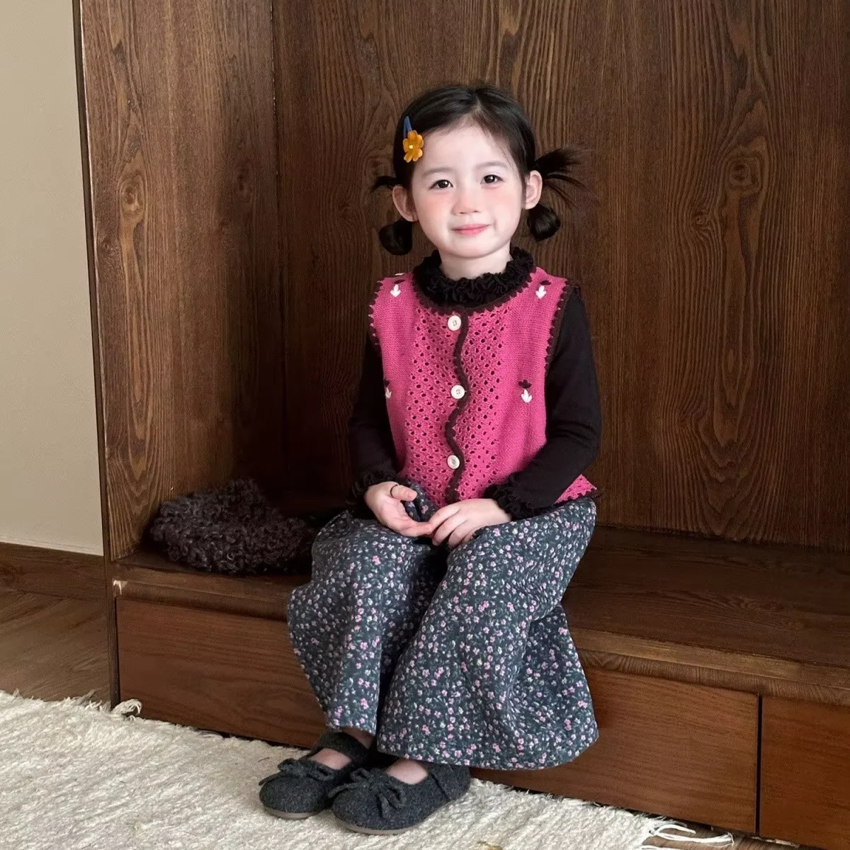 2026 New Girls Set Spring Autumn Children's Knitted Vest Ruffle under Shirt Floral Wide Leg Pants 3 Piece Set Clothing