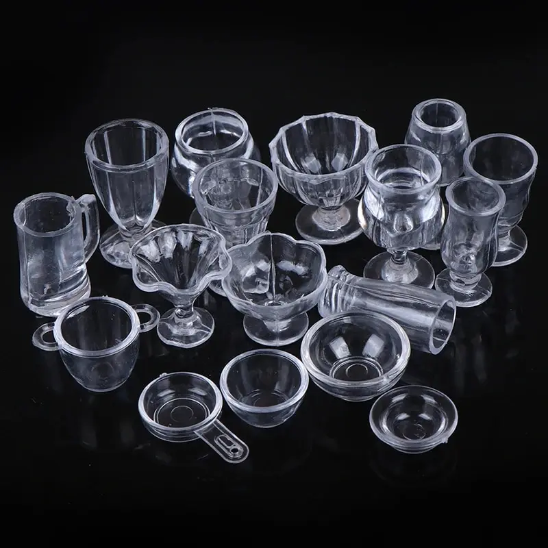 17Pcs/Set 1/12 Dollhouse Miniatures Simulation Tableware Mini Cup Ice Cream Bowl Plastic Model Transparent Goblet Accessories