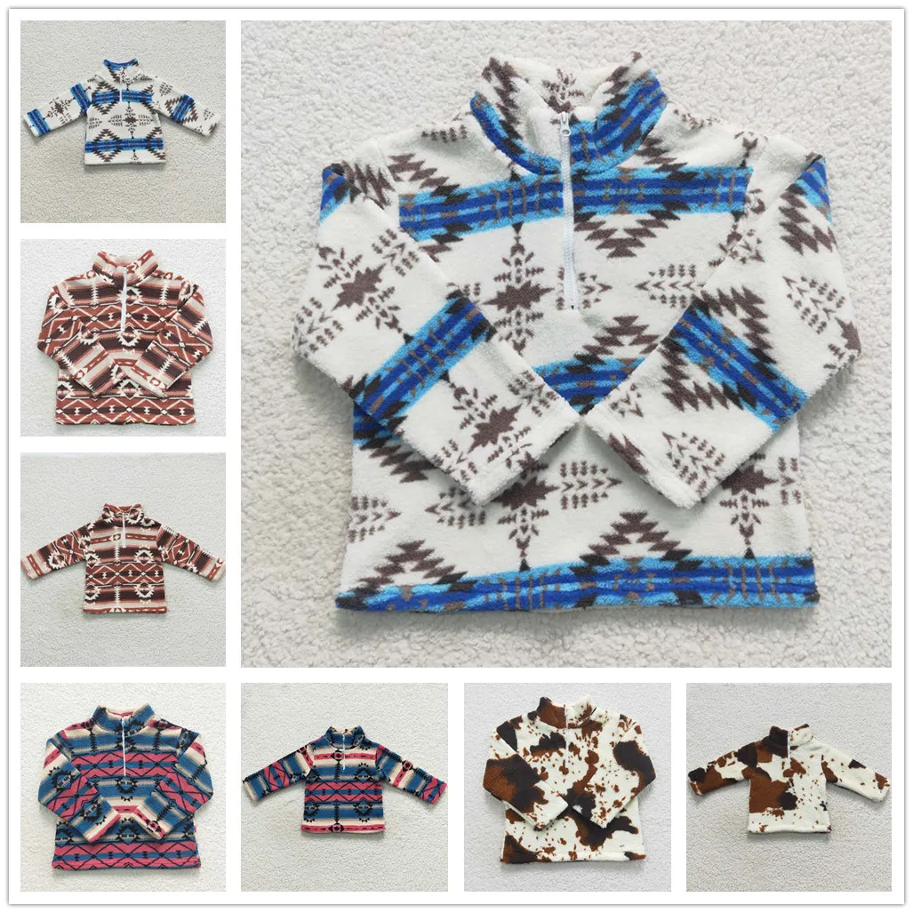 2023 Latest Trend RTS Kids Winter Warm Tops Baby Western Zipper Pulllovers Toddler Boys Aztec Sherpa