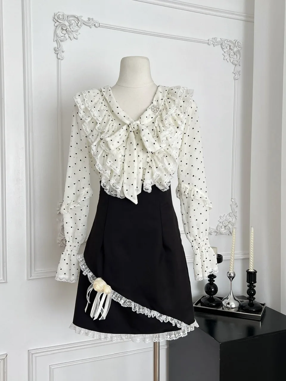 Ele – ensemble deux pièces avec nœud papillon à pois, taille haute, jupe cintrée, tenue d'hiver pour femmes, haut français Sle Bot