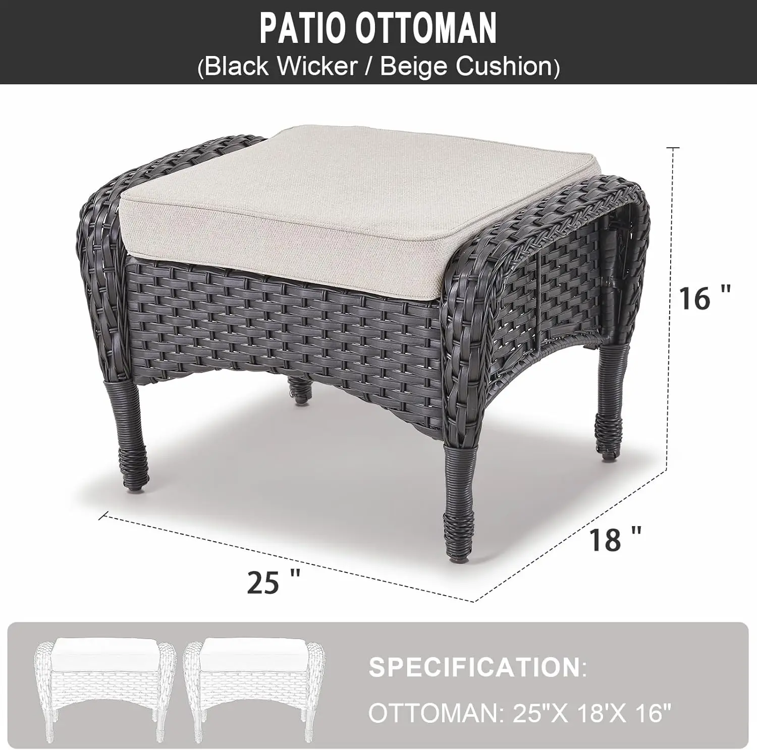 Outdoor Ottomans For Patio Foot Rest - 25 Inch Pe Wicker Foot Stool Set Of 2 With Removable Cushions For Patio Furniture