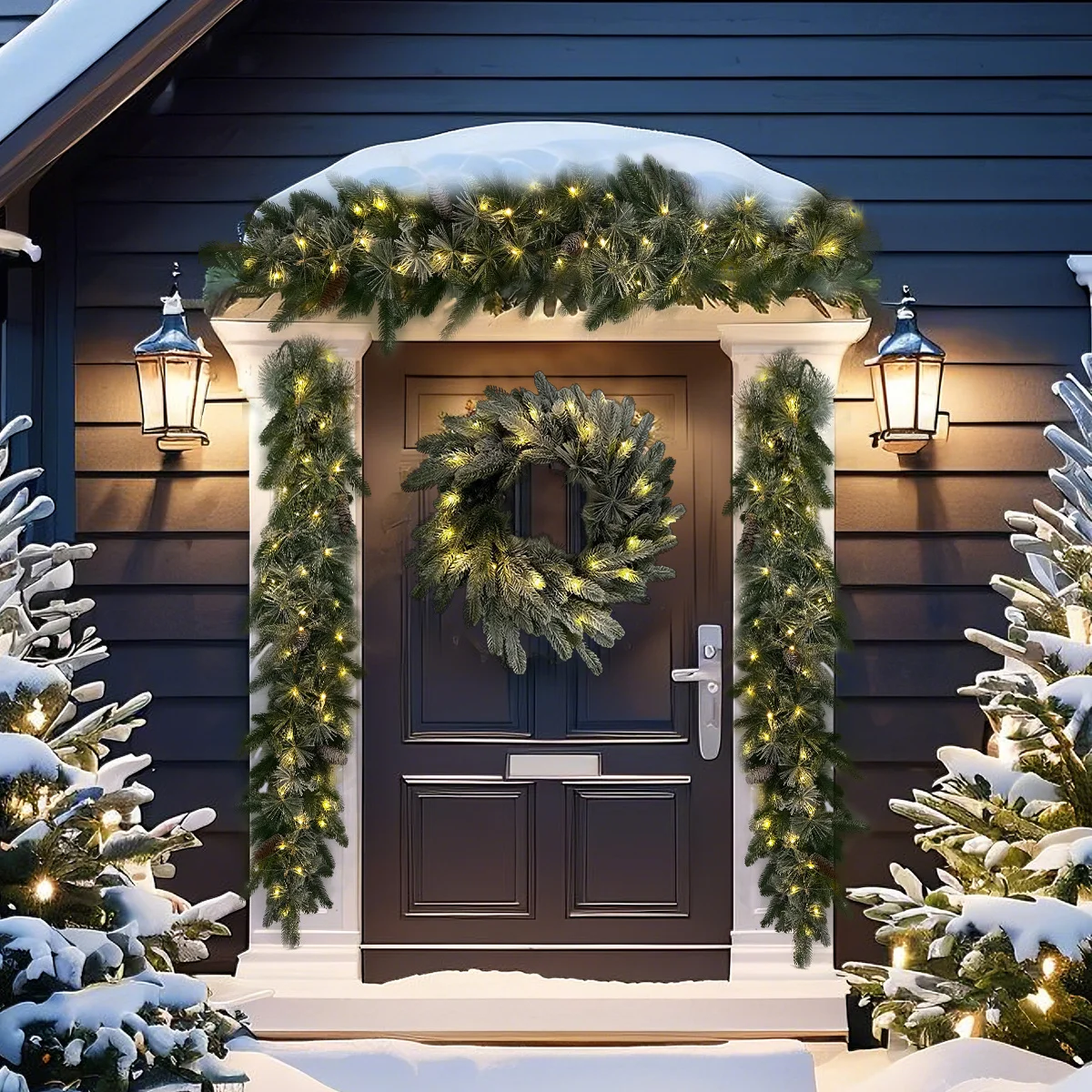 

Pre-Lit Greenery Pine Cone Christmas Garland Flocked and Warm White Led Lights, Front Door Christmas Wreath, Teardrop