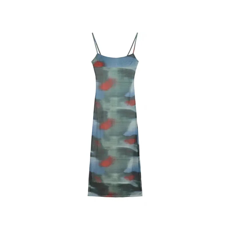 ノースリーブドレス女性スリム夏海辺休暇レトロキャミソールホットガールズセクシーなスリムフィットタイダイプリントデザイン韓国テンダー