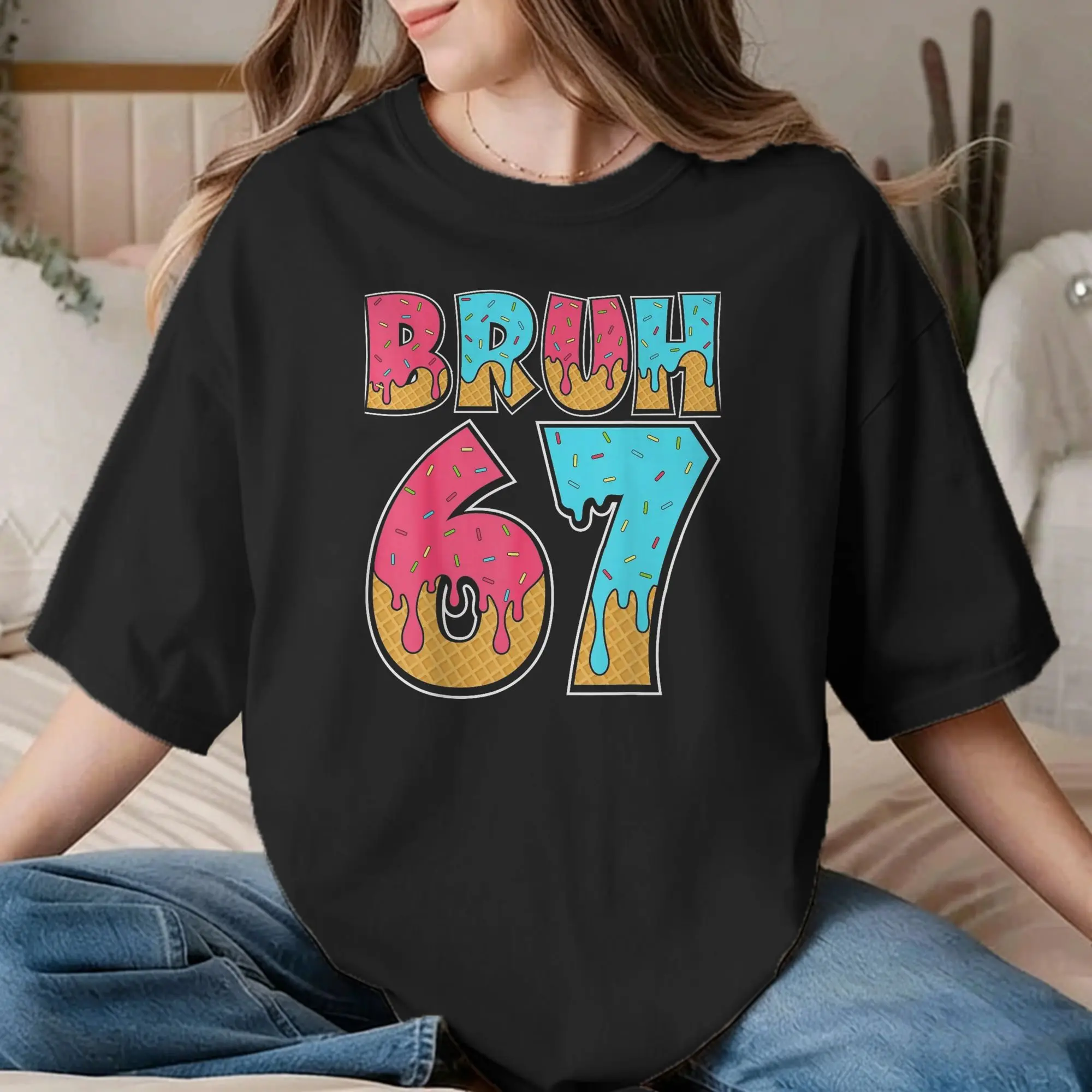 Camiseta Bruh 67 Brainrot para Homens e Mulheres, Meme de Sorvete Six Seven, Camiseta Casual 100% Algodão, Tamanhos Grandes