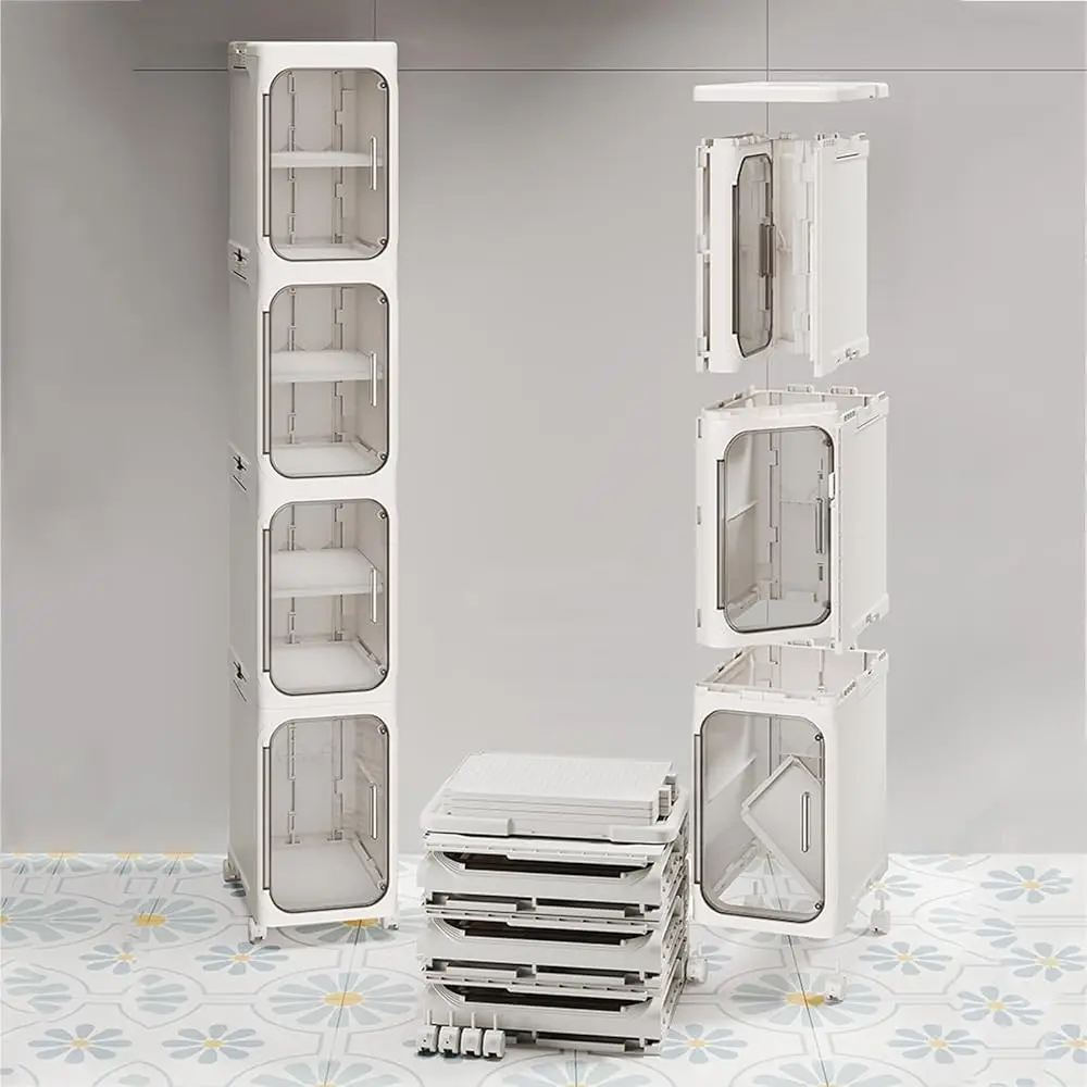 

Slim Tall Bathroom Cabinet, Plastic Tall Narrow Cabinet With Doors And Shelves, Floorstanding Skinny Cabinets With Wheels, 4
