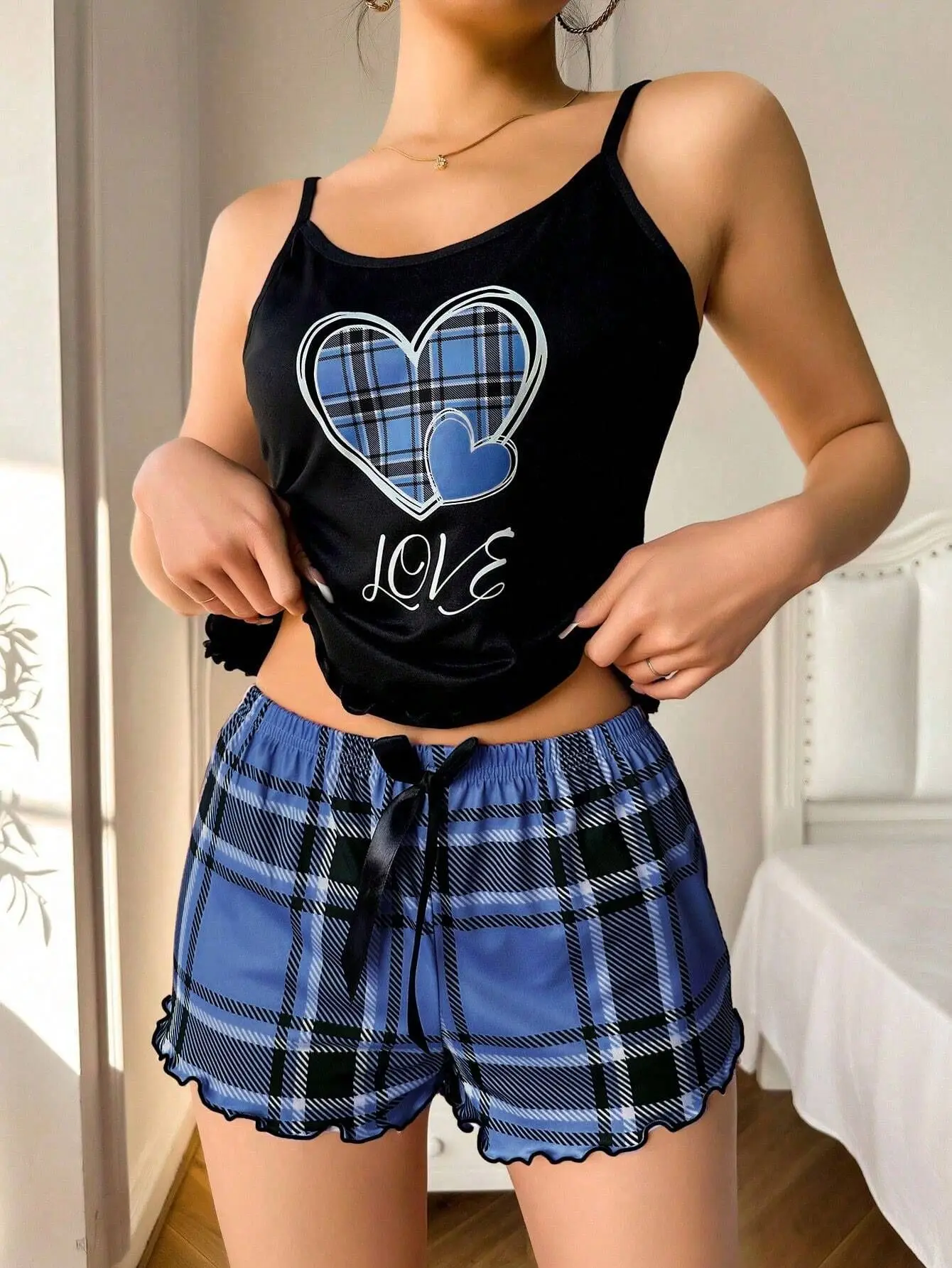 Frauen Sexy Hosenträger Shorts Dünne Pyjamas Brief Drucken Plaid Shorts Große Pyjamas Romantische Hause Tragen Sexy Nachtwäsche Kurze Pyjama – Detail 6