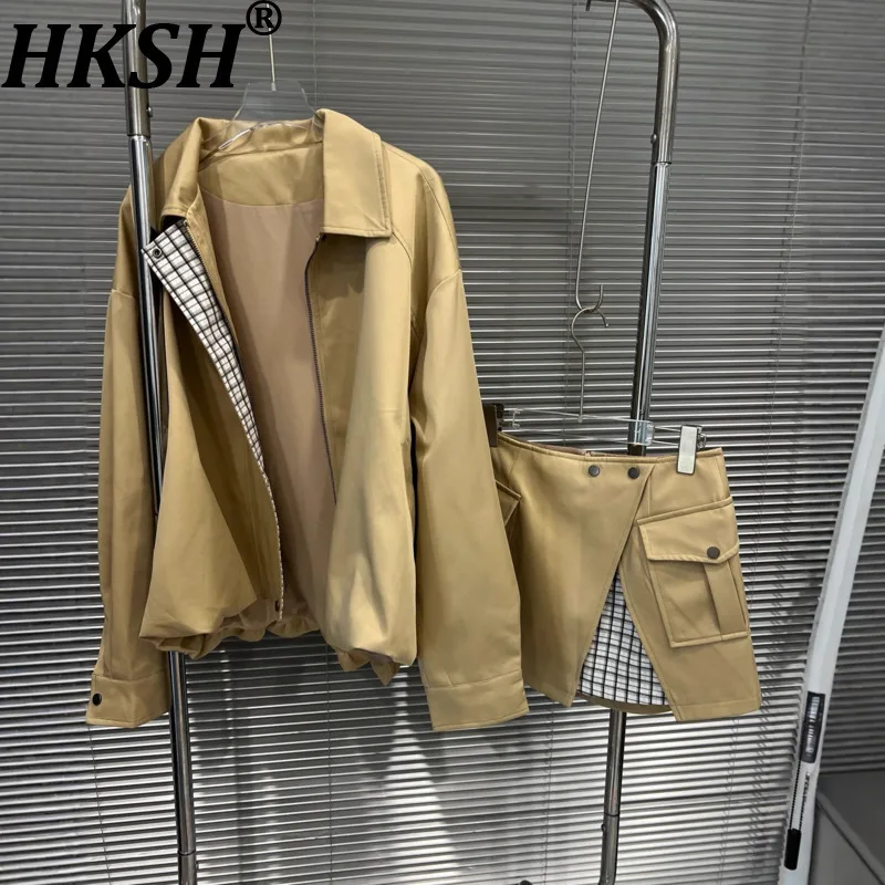 

HKSH Autumn New Women Jacket Turn-down Collar Zipper Fashion Versatile Coat Plaid Patchwork Pockets Mini Skirts Y2K Tide HK12068