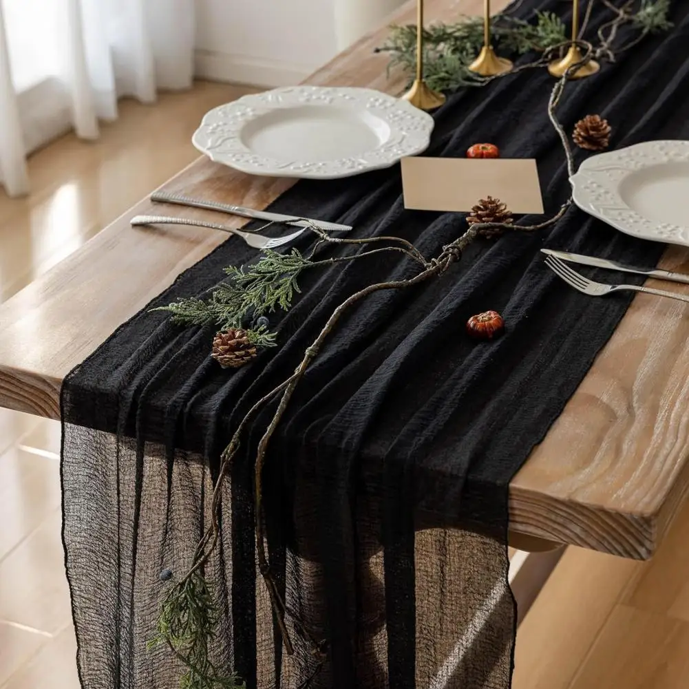 Festive Table Decor Cover Pure Black Tablecloth Elegant Halloween Style Black Gauze Table Runner for Wedding Party Prom Banquet