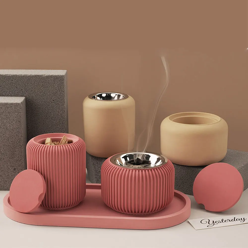 DIY Striped Storage Jar with Lid Silicone Mold Round Incense burner mold Concrete Plaster Pottery Candle Cup Vessel Mold