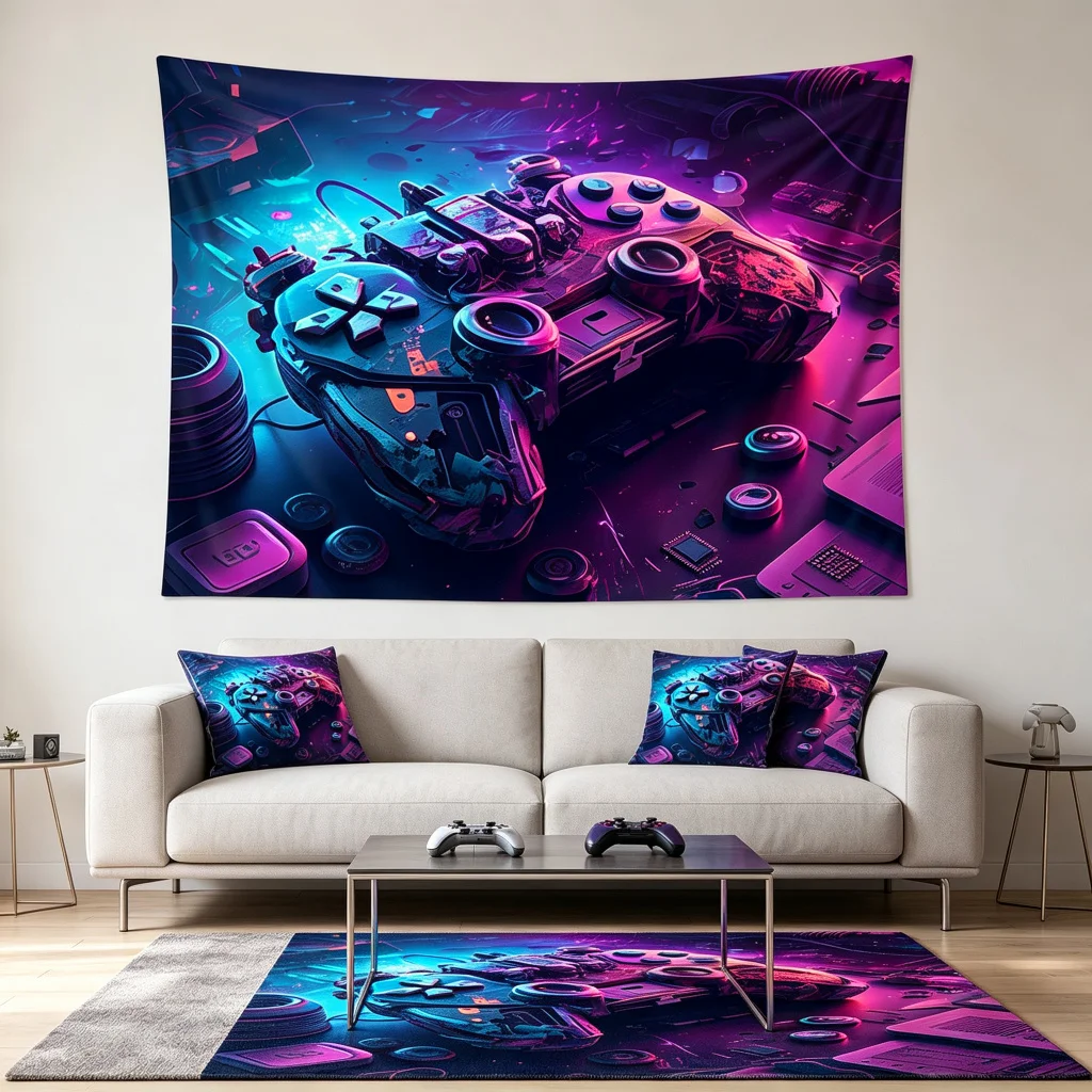 1PC Retro Gamepad Cyberpunk Art Print Backdrop Banner, Bedroom Living Room Photo Background, Polyester, Home Decor, Wall Art