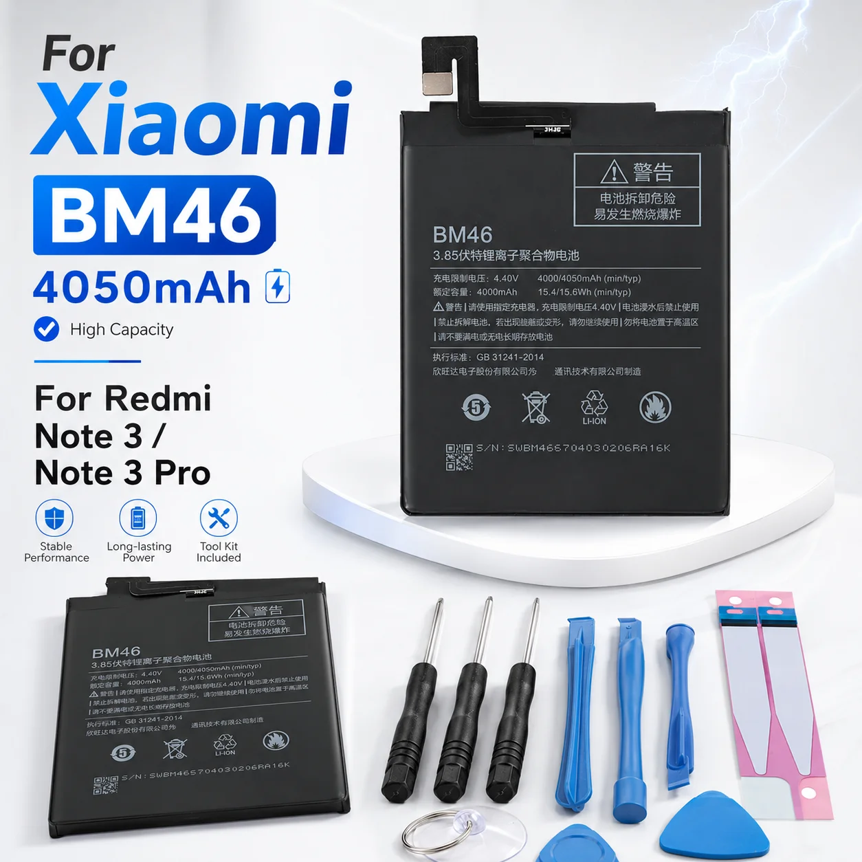 High Capacity Phone Battery BM46 4050mAh for Xiaomi Redmi Note 3 Note 3 Pro Compatible Replacement Battery with Free Tools