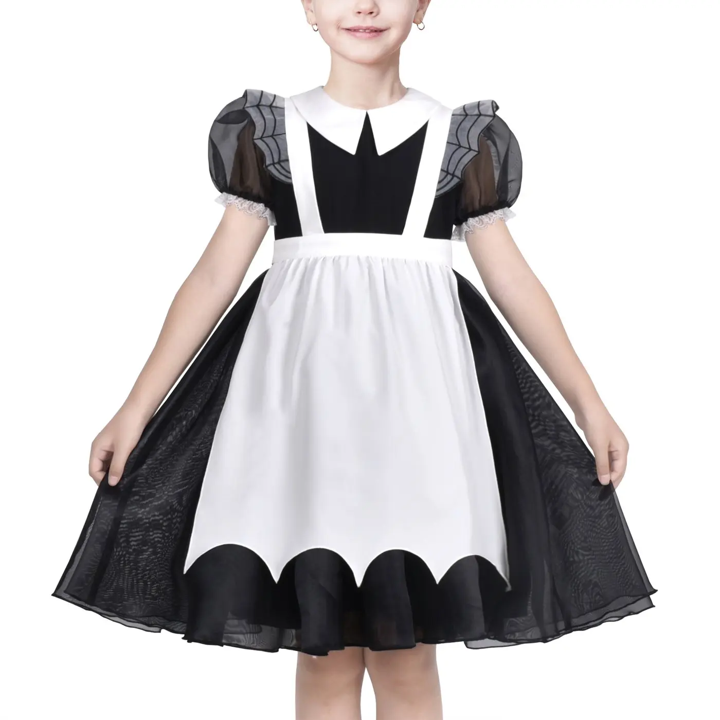 Girls Dress Black White Spider Web Halloween Party Puff Mesh Sleeves