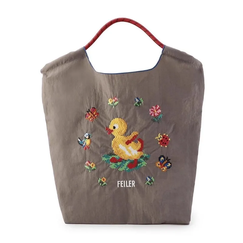 FEILER Duck nero bianco e grigio borsa per la spesa ricamata a tre colori regalo portatile e alla moda di grande capacità per gli amici