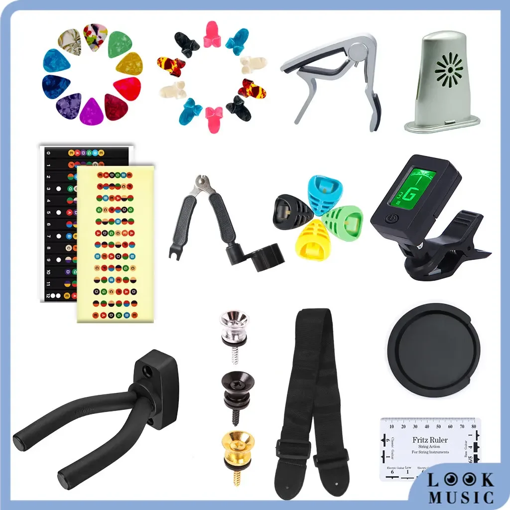 LOOK Guitar Beginner Accessories Ukulele Guitarra Parts Guitar Tuner Capo Hanger Strap Pin Humidifier Place Sticker Picks Case