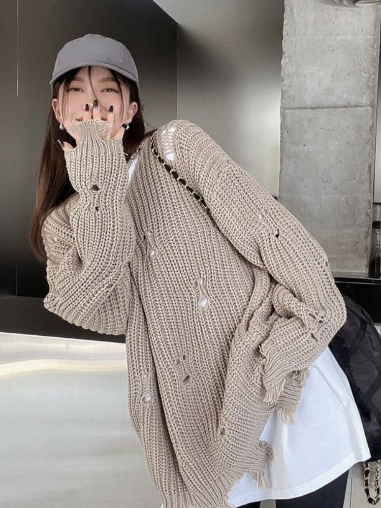 Y2k Harajuku Vintage Women\'s Clothing Solid Color Hole Design Lazy Style Loose Pullovers Autumn Winter Streetwear Knit Sweaters