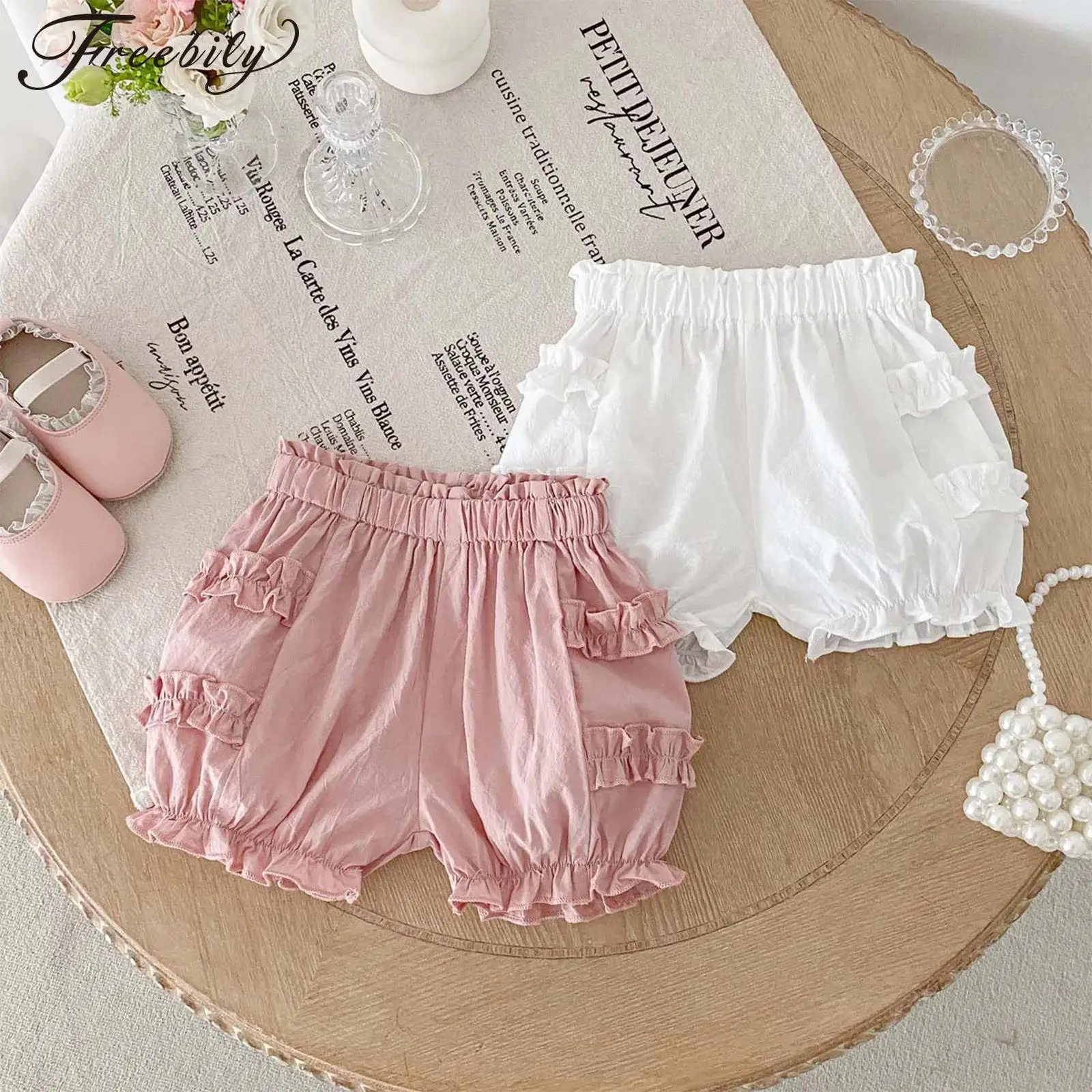 

Baby Girls Sweet Shorts Diaper Covers Elastic Waistband Curly Hem Ruffled Bloomers Bottoms Toddler Summer Clothing Casual Wear