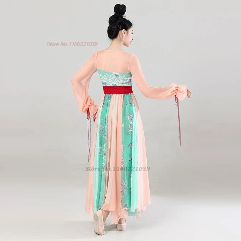 فستان رقص صيني عتيق لعام 2025 ملابس وطنية مطبوعة بالزهور من الشيفون hanfu + تنورة مهرجان فستان شعبي أداء المسرح