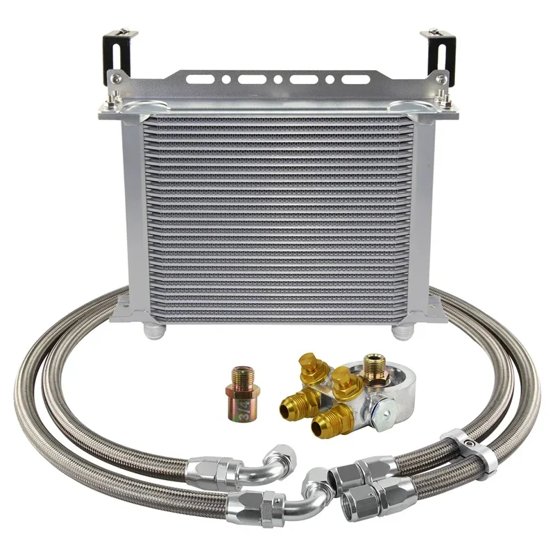 Peformance Universal 28 Row Engine Oil Cooler with 10AN Fuel Hose Bracket & Thermostat Oil Filter Adatper Silver/Black