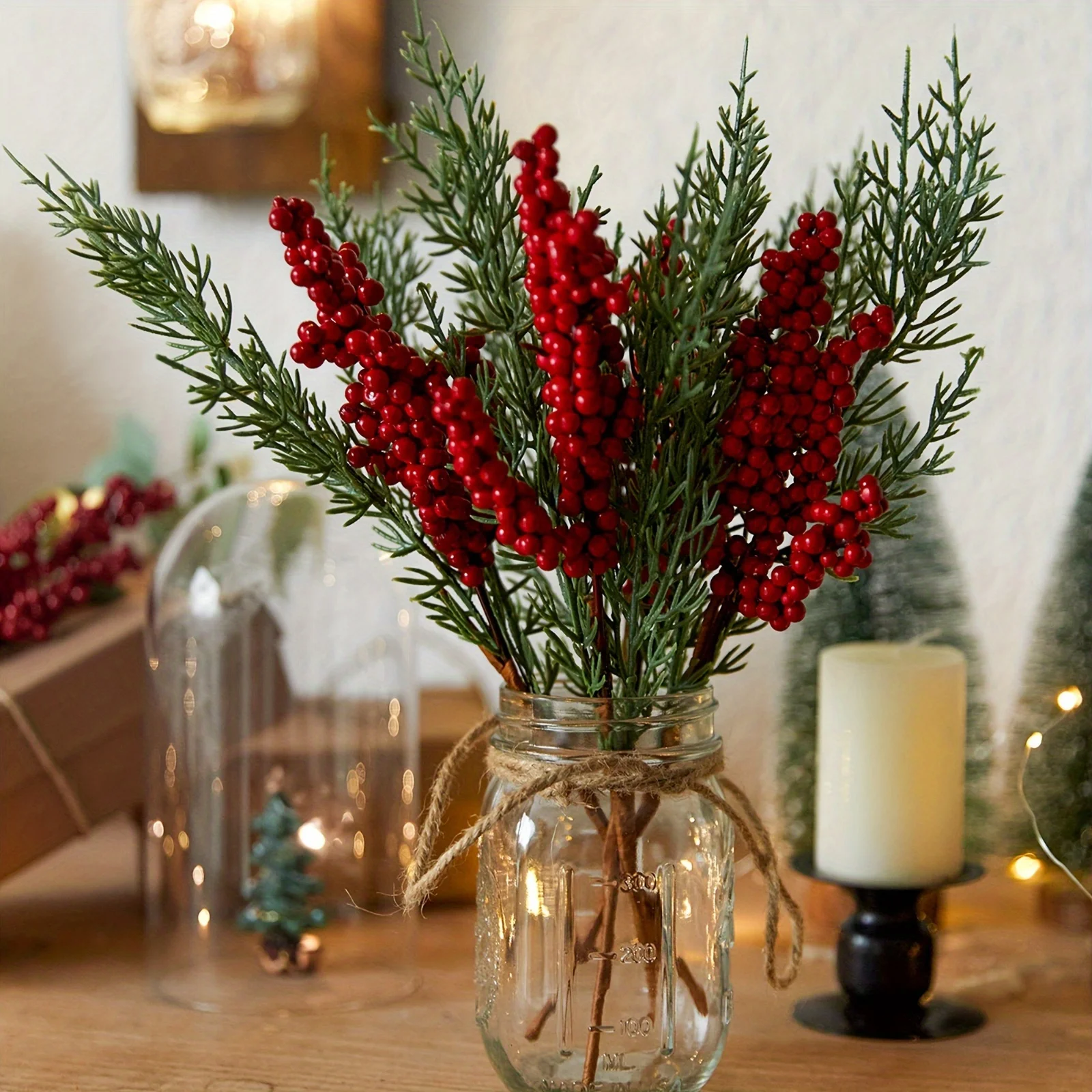 Conjunto floral navideño de 3 piezas, decoración de pino y bayas. 32cm, Pared/Tabletop. Decoración festiva sin batería.