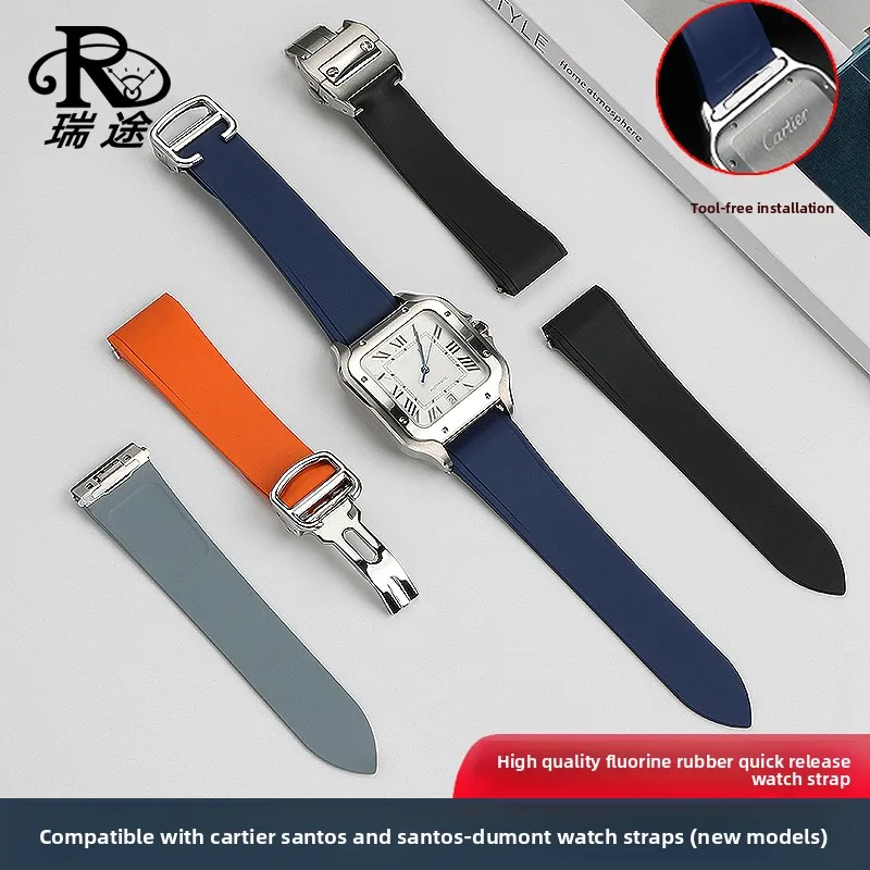 High quality FKM 21M rubber Watchband For Cartier Santos strap Metal Fold clasp accessories Fluorine rubber watch Chain Bracelet