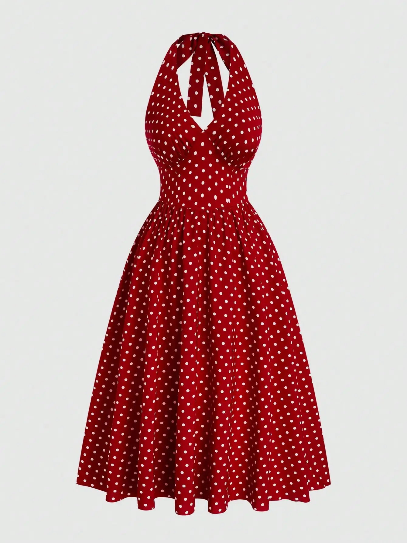

Красное платье-сарафан в горошек с V-образным вырезом и завязками на шее, с зауженной талией