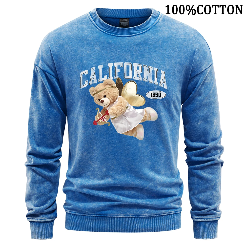 California Cupid Bear Man Sweatshirt Vintage Washed Hoodie Autumn New Crewneck Cotton Hoodies Soft Comfort Sweatshirts Clothing