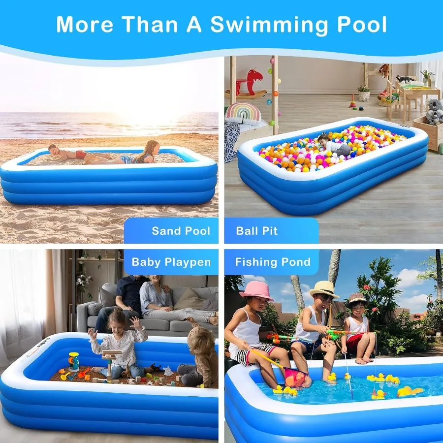 Piscina Gonfiabile per Bambini e Adulti 120x72x22 Pollici, Grande Piscina Rettangolare Gonfiabile per Famiglia, Giardino, Esterni