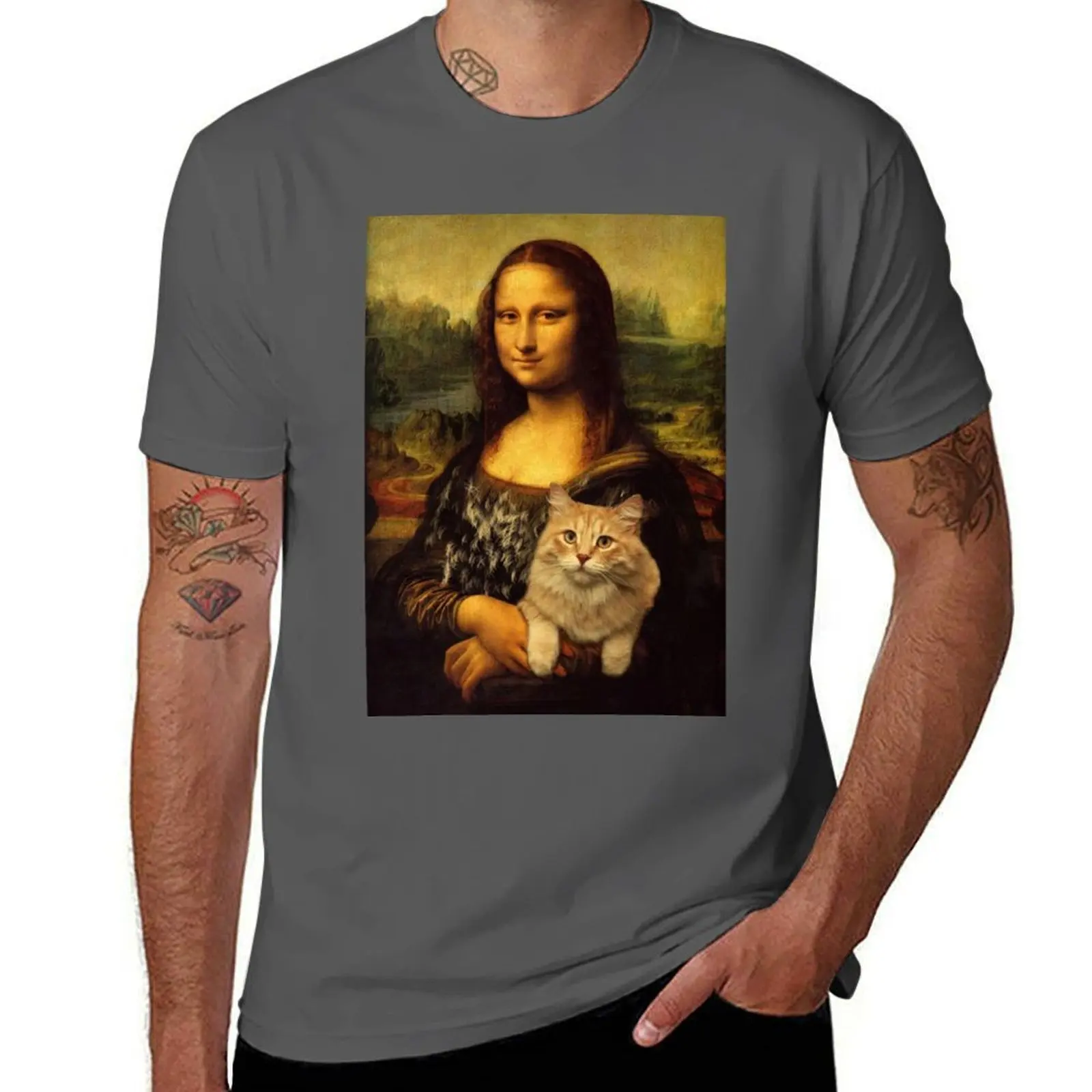 

Lover) (Cat Holding Lisa Mona Cat a Hair Cat, By Covered T-Shirt Streetwear Print Tee Shirt
