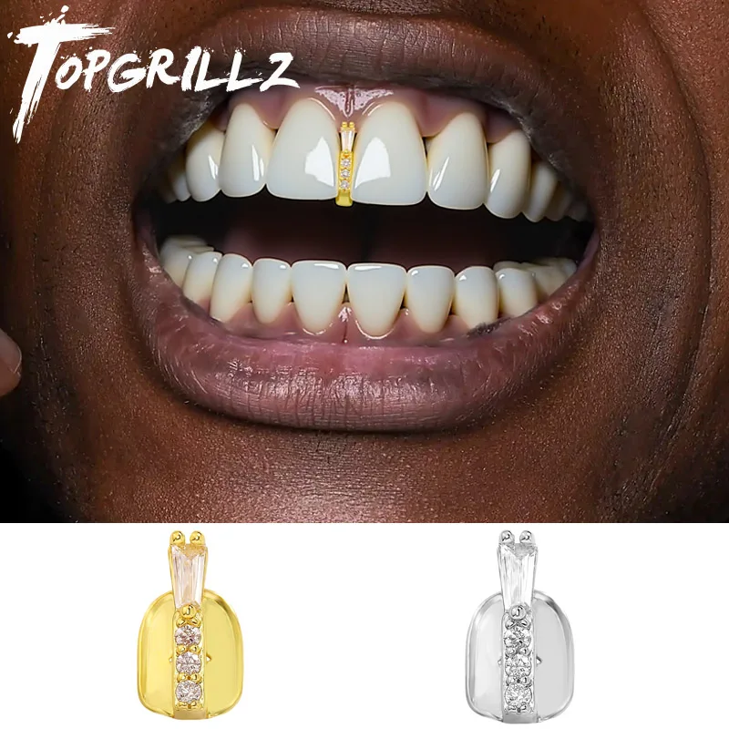 TOPGRILLZ Iced Out Single Long Stick Zircon Teeth Grillz Vertical Bar CZ Stone Tooth Caps For Women Men Jewelry Halloween Gift
