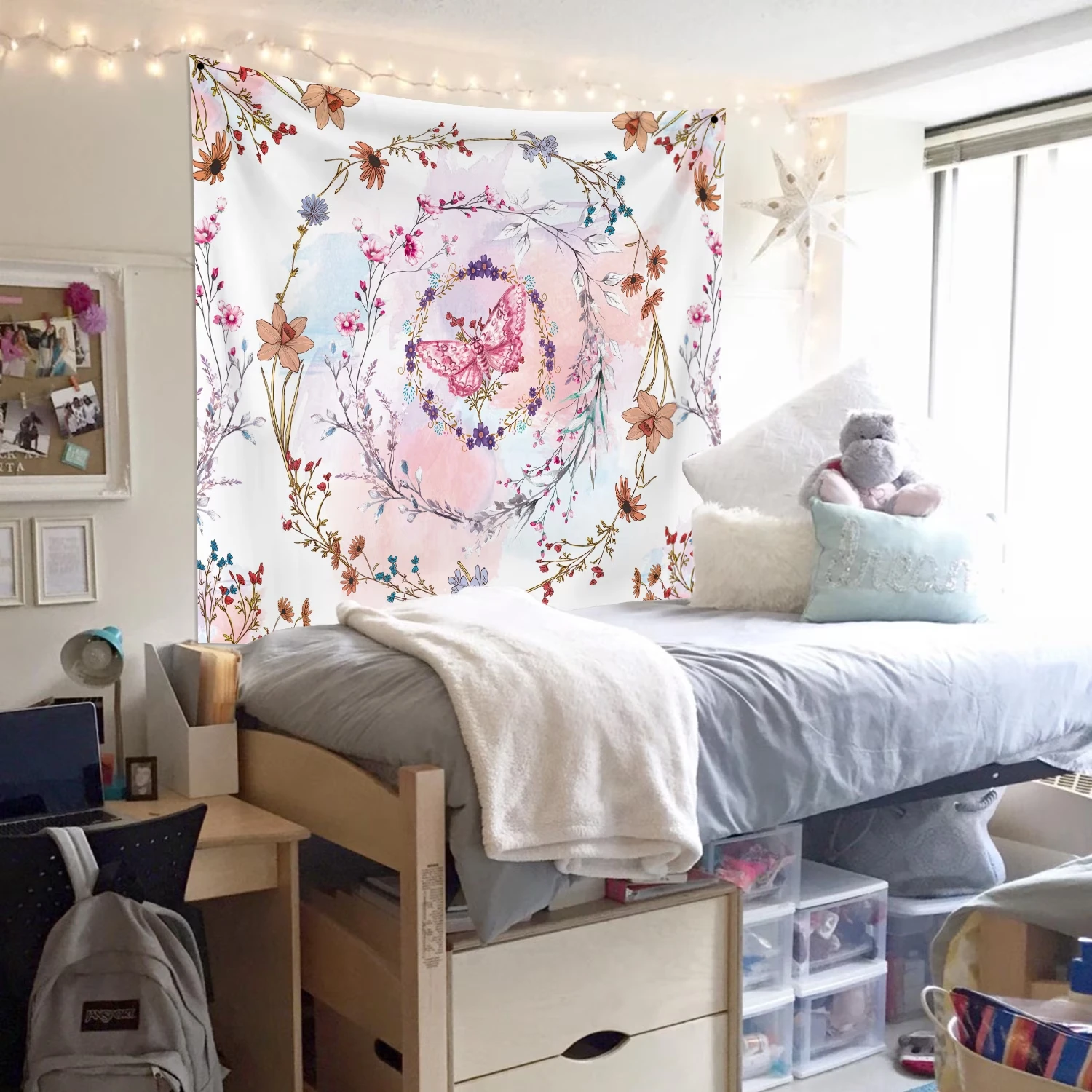 2026 Boho-style Decorative Tapestry Featuring A Floral and Butterfly Pattern in Beige; Suitable for Bedrooms and Dorm Rooms.
