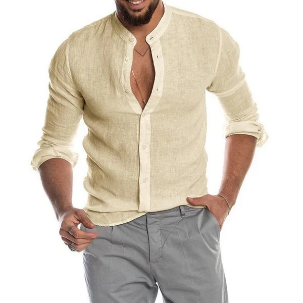 

Men's 2026 Autumn and Winter V-neck Linen New Cardigan Stand-up Collar Long-sleeved Men's Shirt