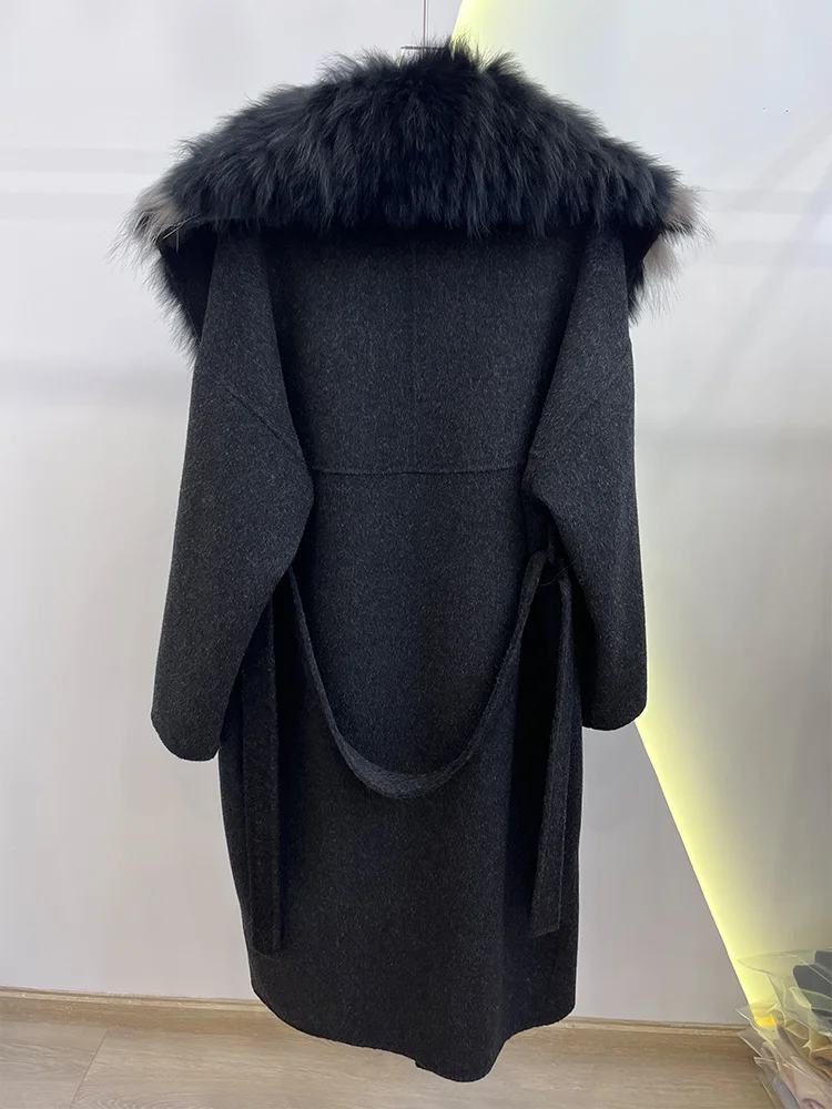 2025 mode hiver longue femmes laine cachemire mélangé manteau grand réel argent col de fourrure de renard veste de luxe avec ceinture vêtements d'extérieur