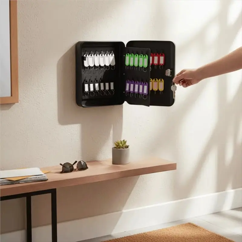 T24C Metal Construction Key Box Security Lock Wall Mount Key Cabinet Key Card Slot Holds 20 Keys Key Storage Box Organizer