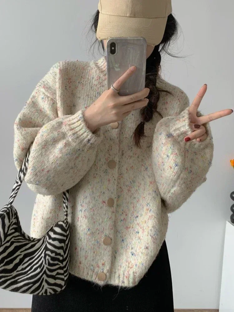 Round Neck Single-breasted Sweater Cardigan Korean Fashion Loose Knitted Cardigan Autumn New Colorful Dot Sweaters for Women