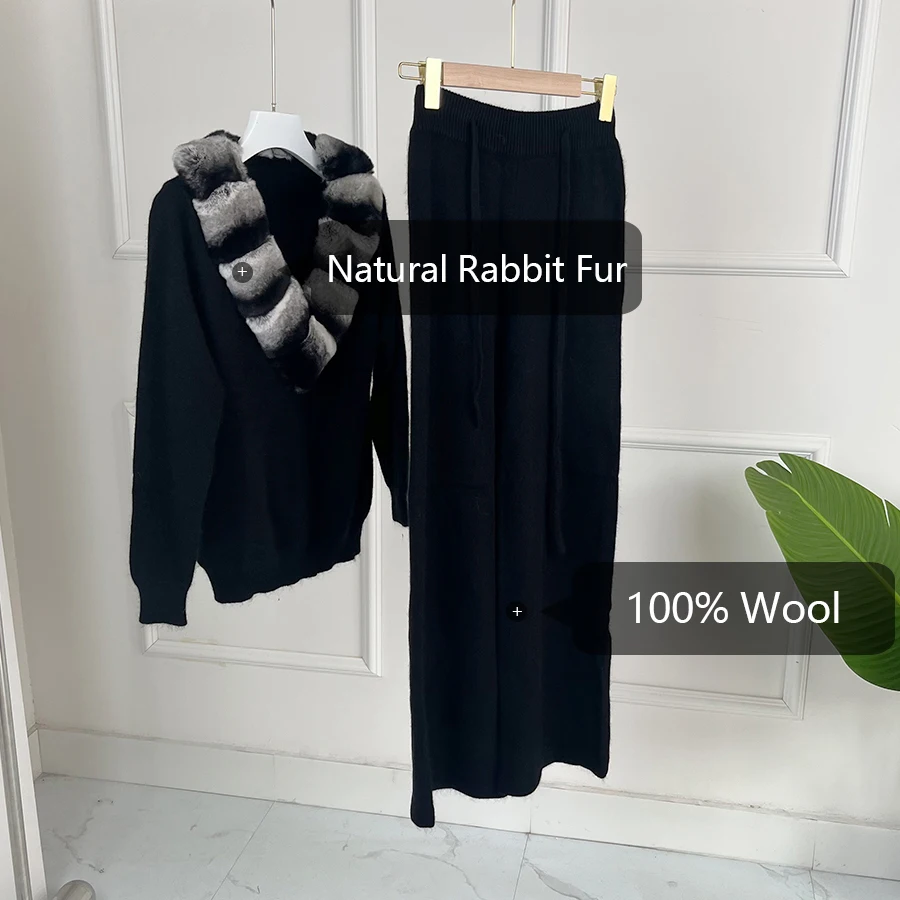 Real Fur Wool Sweater Suit Natural Chinchilla Rex Rabbit Fur Collar Cashmere Pants Sweater For Womens