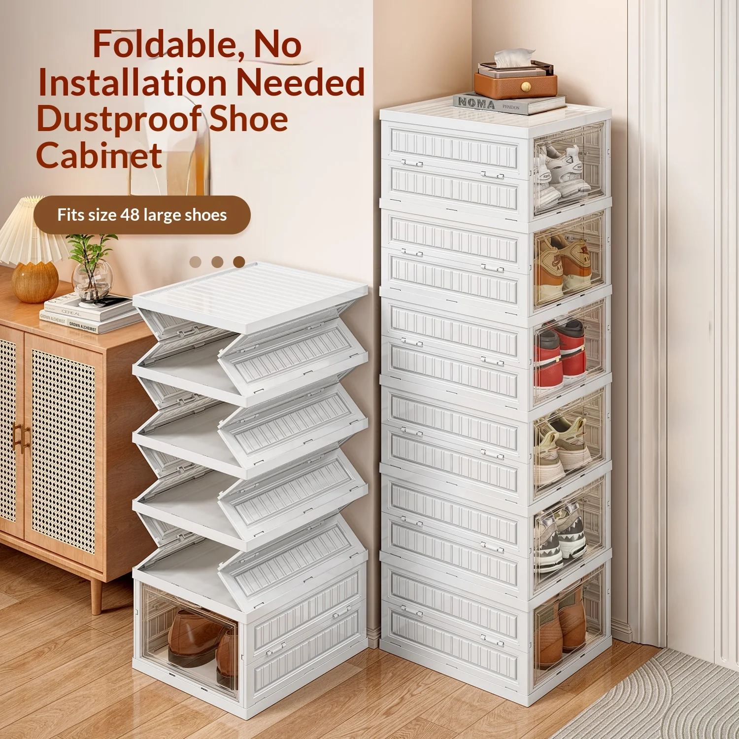 Practical Stackable Large Capacity 6 Tier Foldable Plastic Shoe Box Storage Organizer for Entryway Closet Bedroom Home