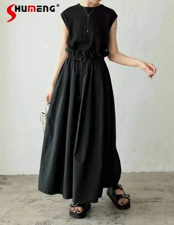 

Design Sense Stitching Drawstring High Waist Bud Puffy Wide Shoulder Sleeveless Dress Summer Casual Long Dress