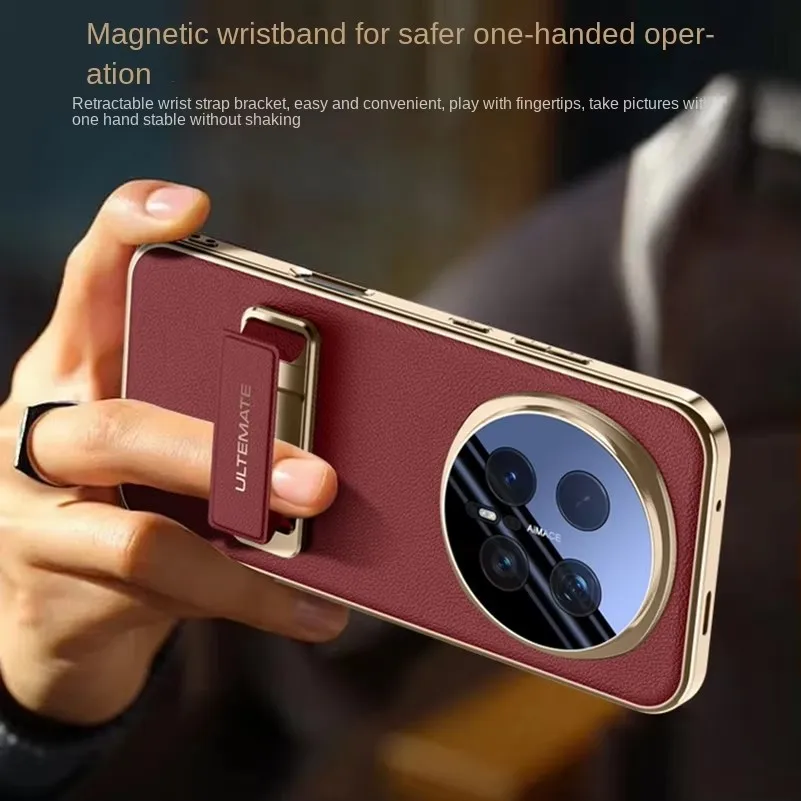 Luksusowe skórzane etui z paskiem na nadgarstek i metalową podstawką do Honor Magic 8 Pro magic8, smukłe, twarde, w pełni otulające obiektyw, tylna obudowa. — zdjęcie produktu 3