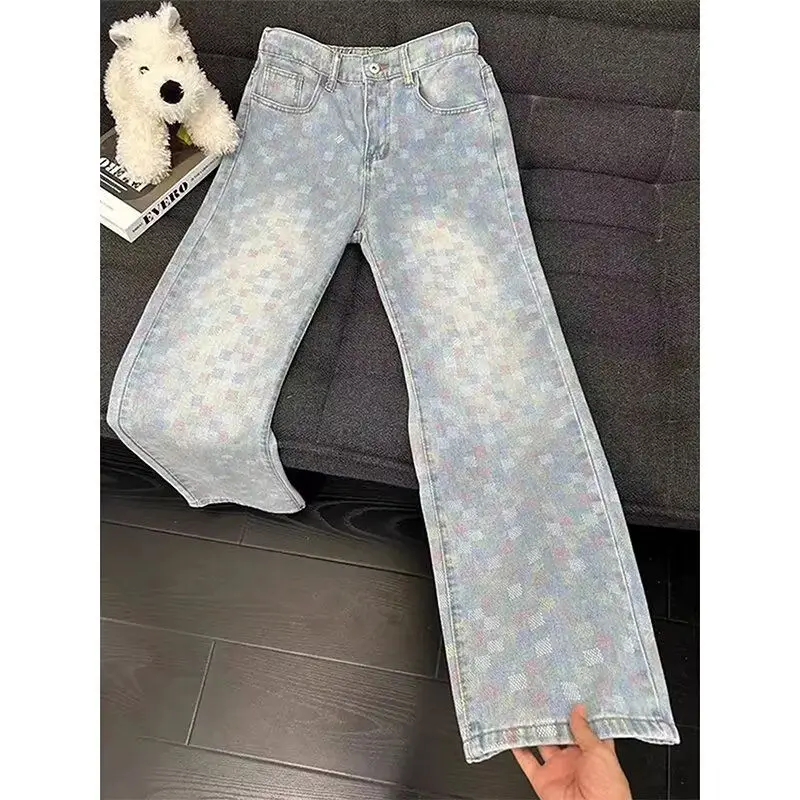 

Мужские джинсы в клетку, прямые брюки в стиле ретро, американские осенние модные уличные дизайнерские повседневные молодежные джинсы свободного покроя