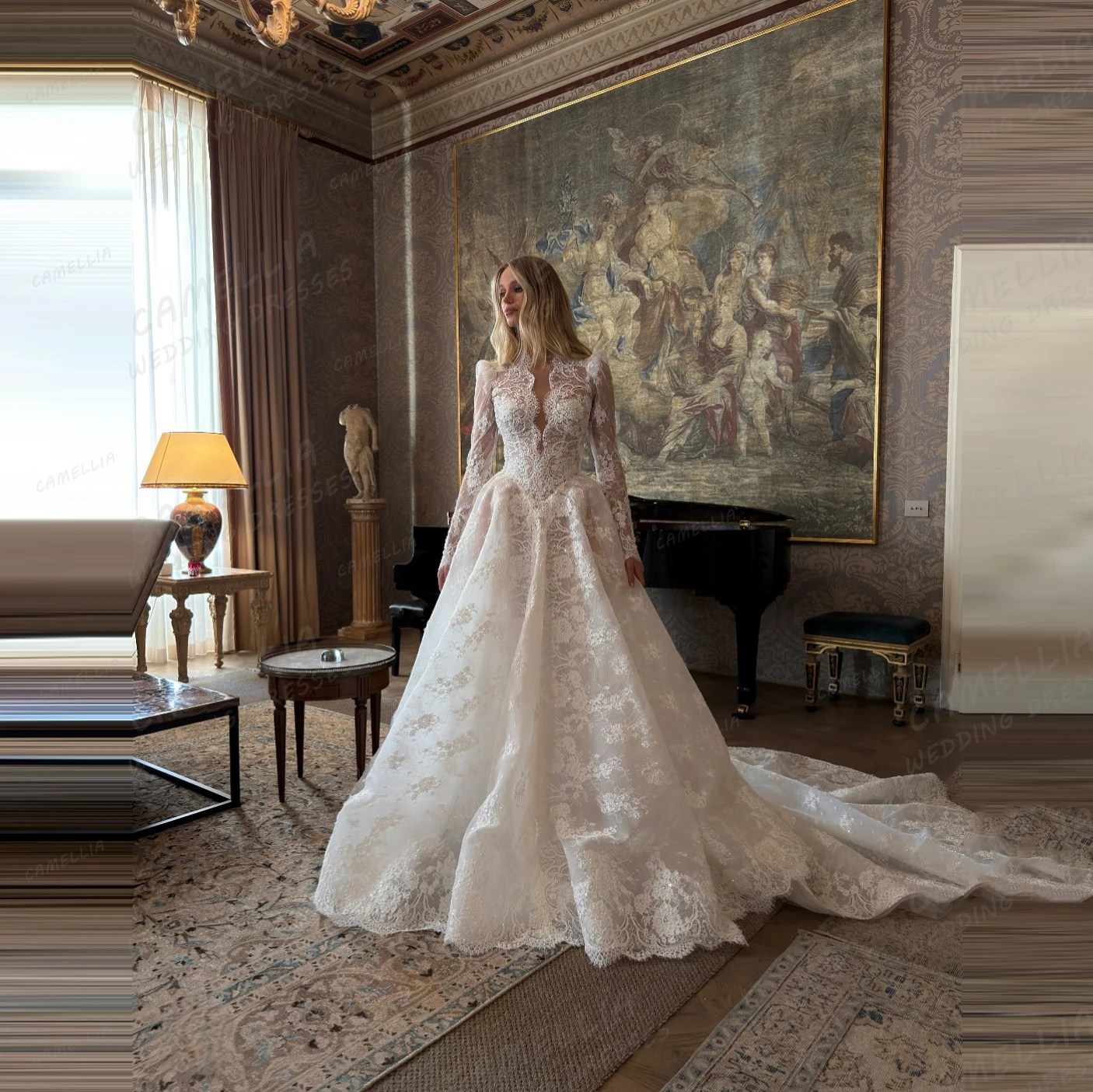 ชุดแต่งงานทรงเอไลน์สุดหรูสำหรับผู้หญิง ประดับลูกไม้ แขนยาว ชุดเจ้าสาวแบบมีชายกระโปรงยาว สามารถสั่งตัดได้