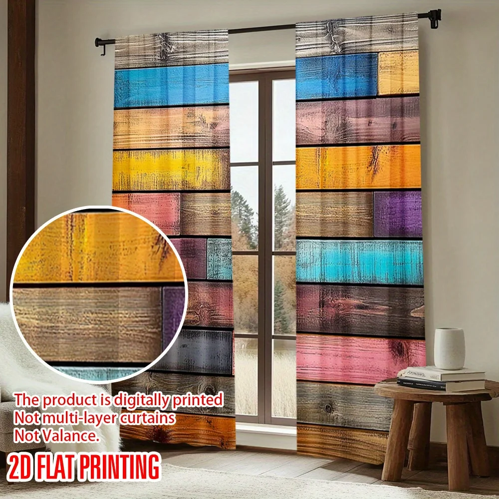 Vintage Colorful Wood Plank Curtains 2 Panels, Rustic Multi Color Wooden Board Texture Retro Farmhouse Style Bedroom Curtain
