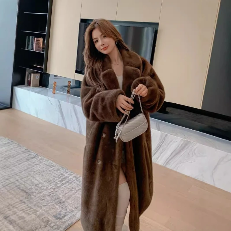 New Lapel Fur Coat Extended Mink Fur Coat European and American Fashion Warm and Plush Clothes for Women