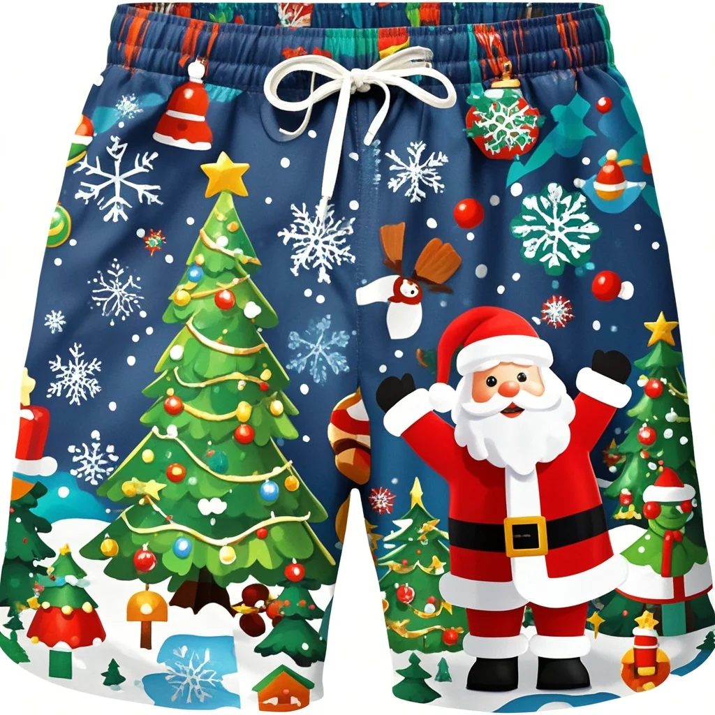 Fashion 3D Merry Christmas Graphic Beach Shorts Santa Claus Xmas Christmas Trees Graphic Swimming Shorts Men Funny Board Shorts