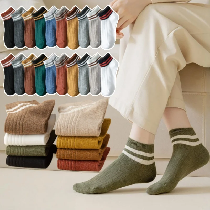 

Women Cotton Socks Spring Summer Striped Mid Calf Socks Japanese Style Yarn Dyed Breathable Comfortable Casual Socks for Women