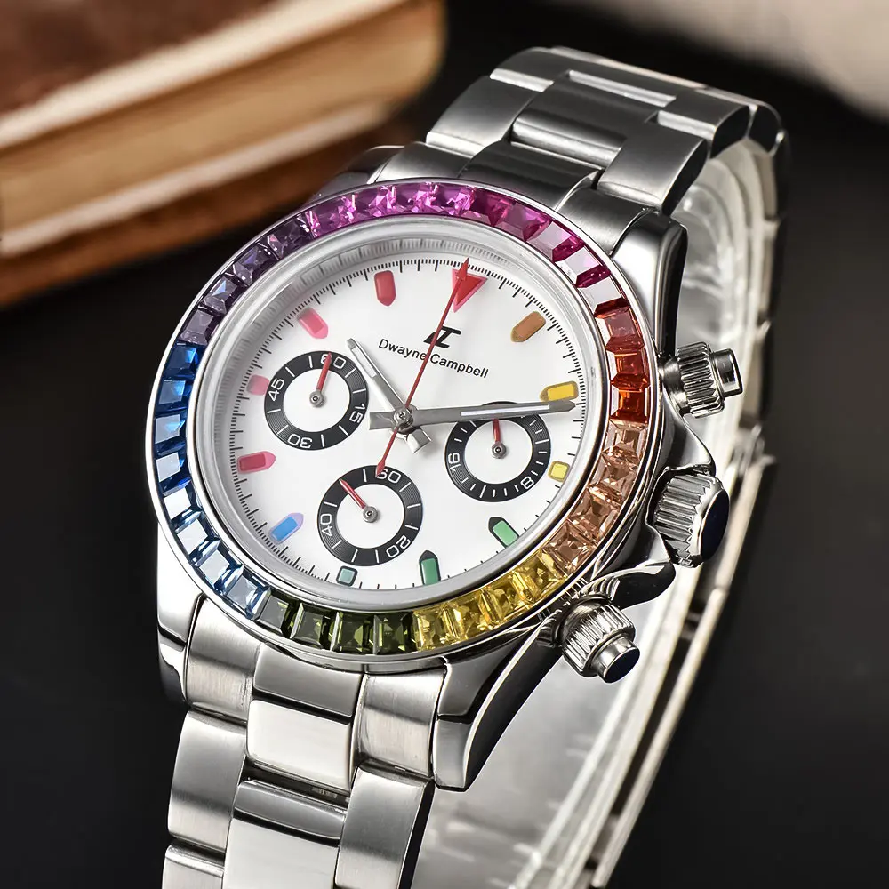 Regenboog Bezel Multifunctionele Quartz Horloges Dwayne Campbell Roestvrij Stalen Horloge VK63 Quartz Saffierglas Horloge Man