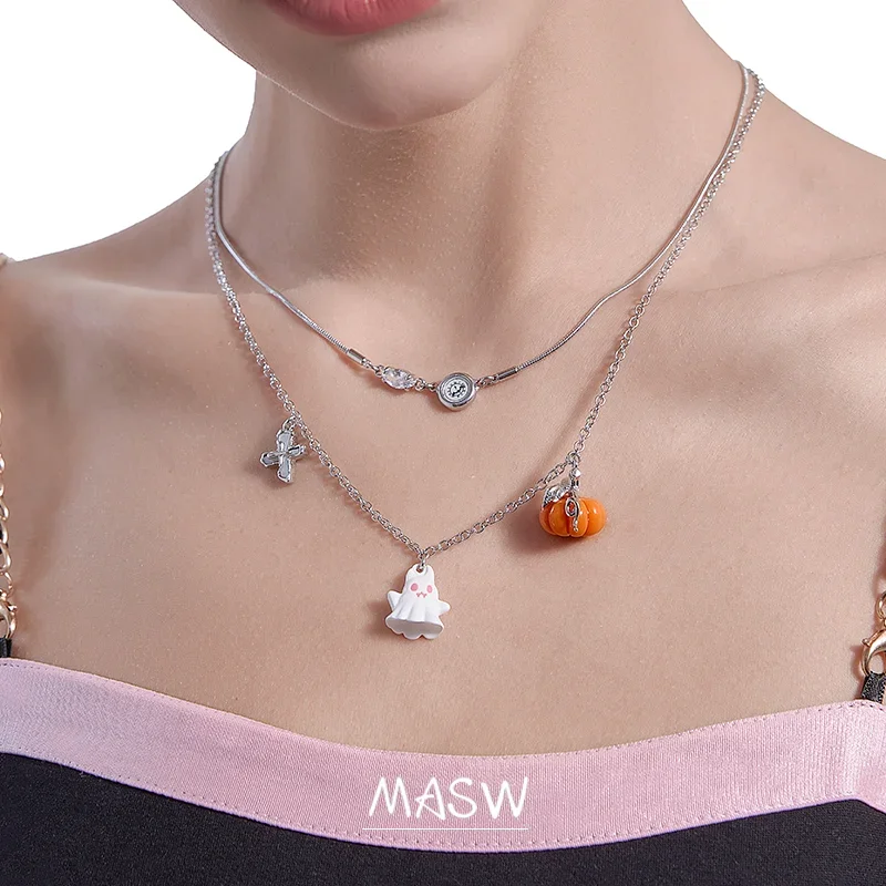 MASW Original Design Cute Jewelry Two Layer Lovely Pumpkin Charm Chain Necklace For Women Girl Halloween Gift Accessories