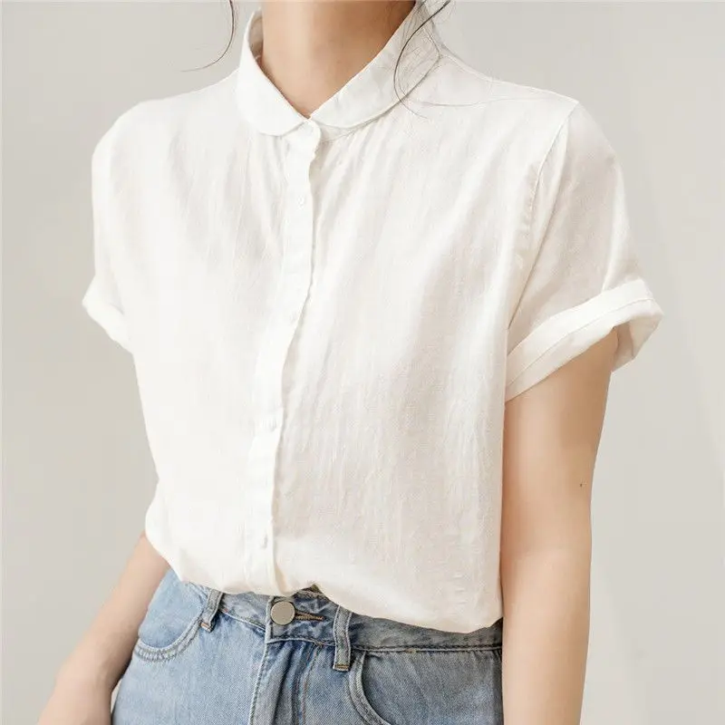 Vintage Button Loose Blouse Summer New Short Sleeve All-match Simplicity Solid Color Shirt Tops Casual Fashion Women Clothing