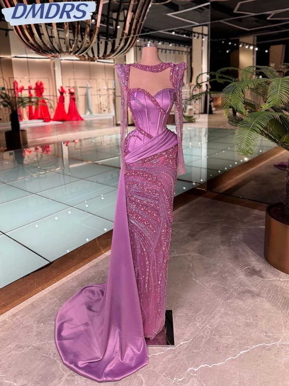 

Purple Dreamy Pearls Crystal Evening Dress Exquisite Long Sleeve Straight Wedding Party Gown 2026 New Customized Prom Dresses