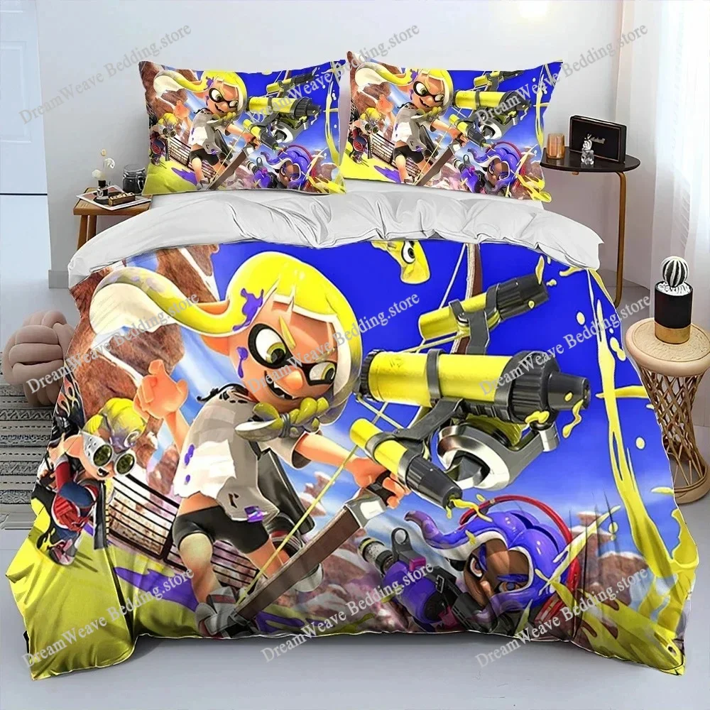 

S-Splatoon Game Gamer Cartoon Comforter Bedding Set,Duvet Cover Bed Set Quilt Cover Pillowcase,King Queen Size Bedding Set Boys