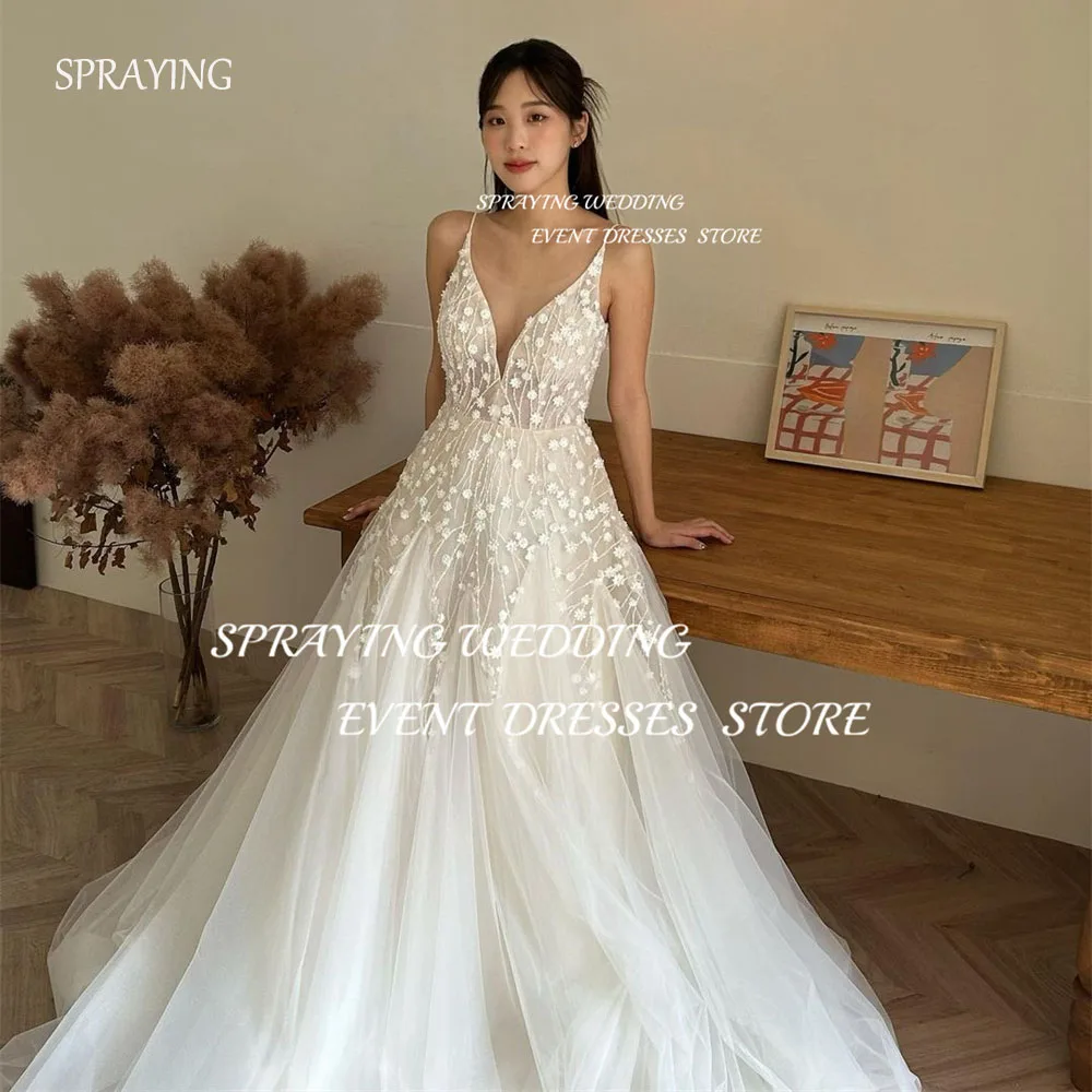 Spruzzatura principessa Spaghetti Strap corea abiti da sposa scollo a v pizzo lungo Boho abito da sposa corsetto Backless a-line abito da sposa